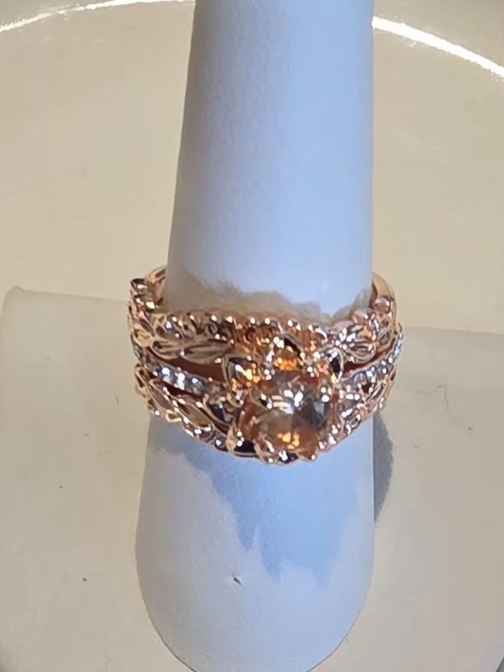 NWT Sterling Silver Rose Gold Floral Ring Set | Size 9 | Champagne CZ | 3-Piece
